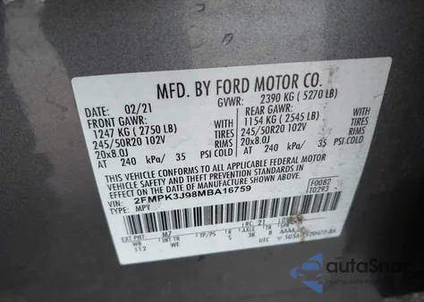 2021 Ford Edge St-Line из США, поврежденный, VIN 2FMPK3J98MBA16759